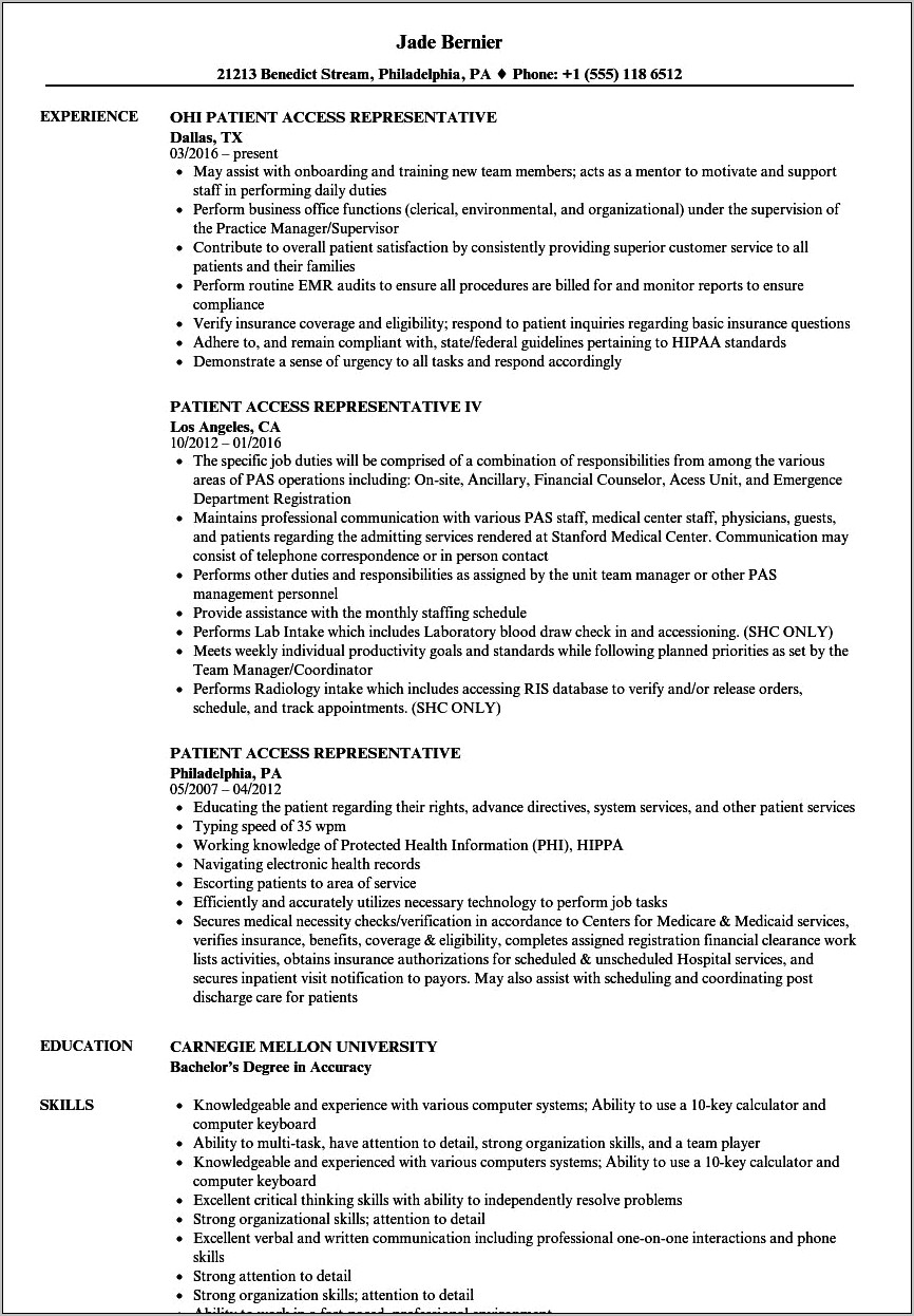 Patient Access Specialist Resume Objective