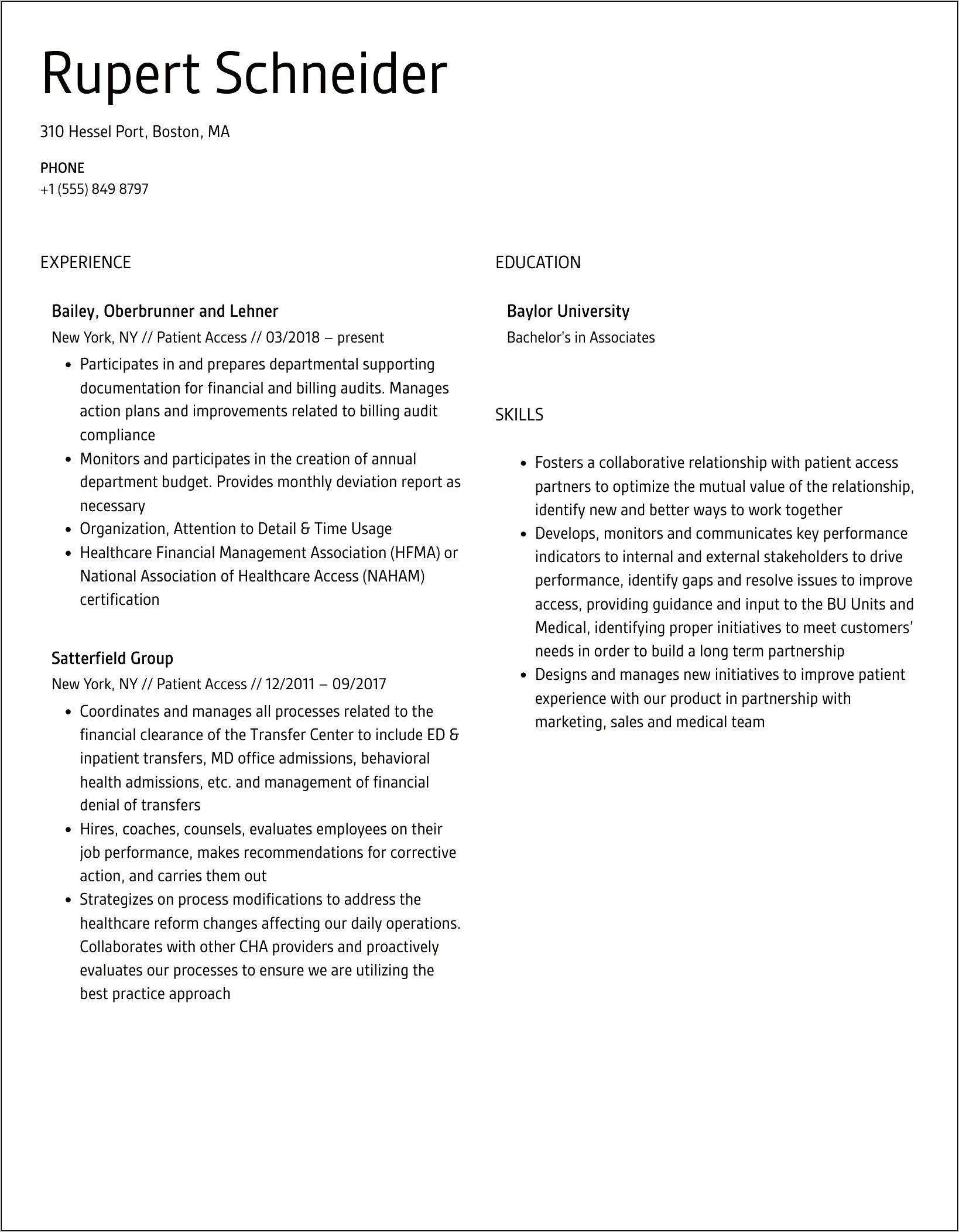 Patient Access Supervisor Resume Objective