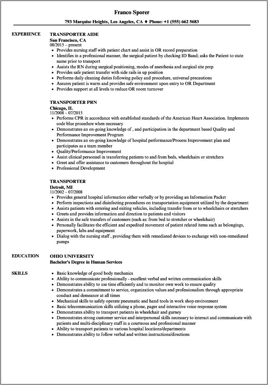 Patient Transportation Job Description Resume