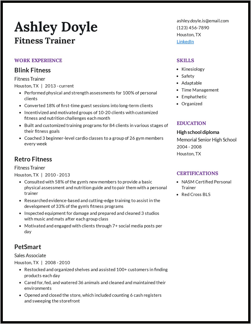 Personal Fitness Trainer Resume Sample