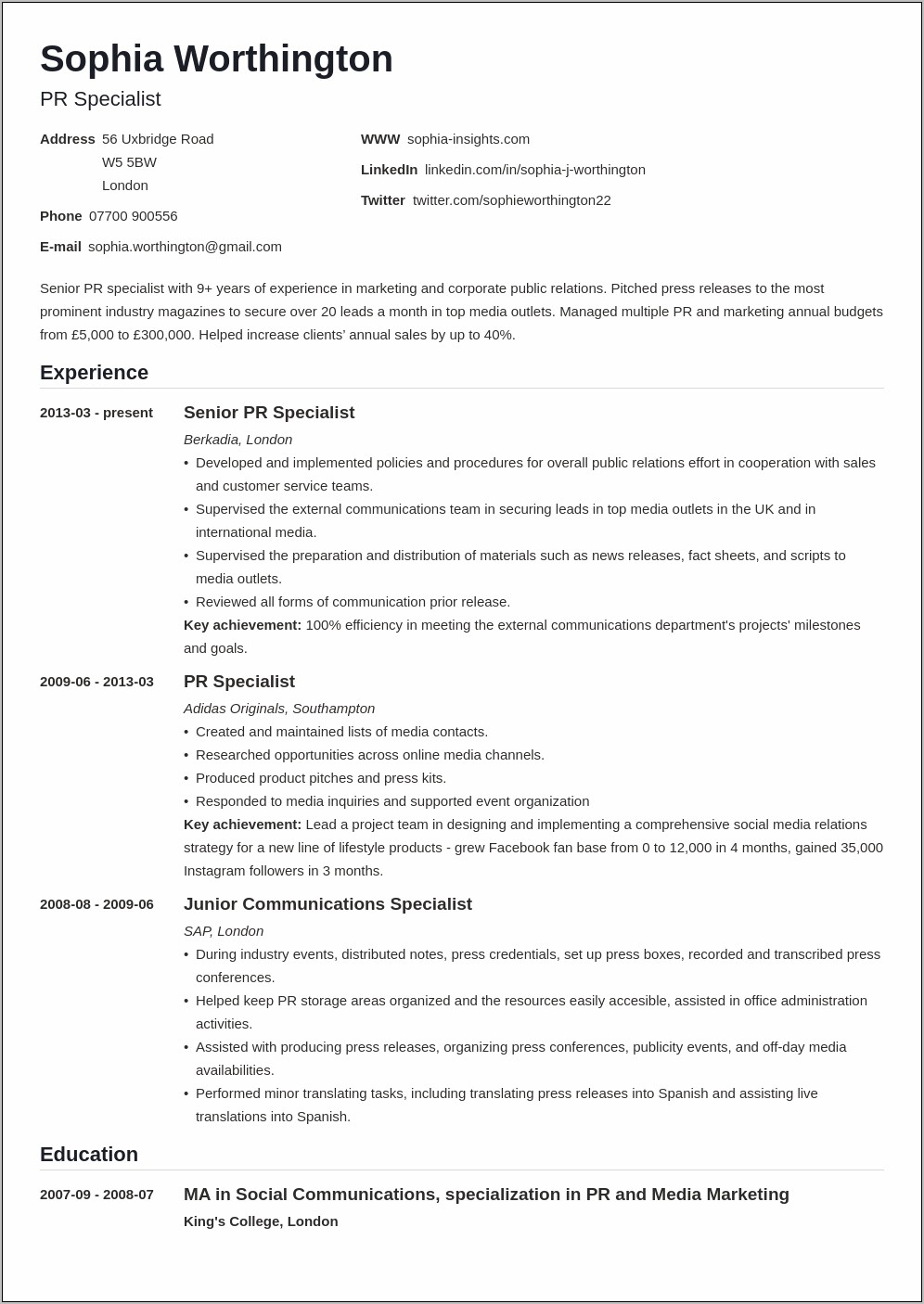Personal Section Of Resume Examples