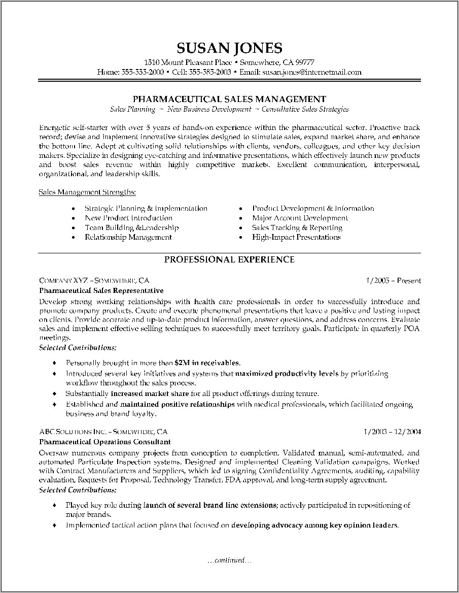 Pharmaceutical Sales Manager Resume Sample