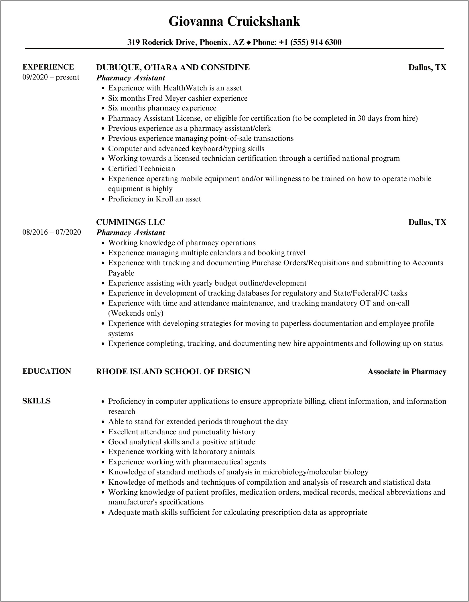 Pharmacy Assistant Resume Objective Sample