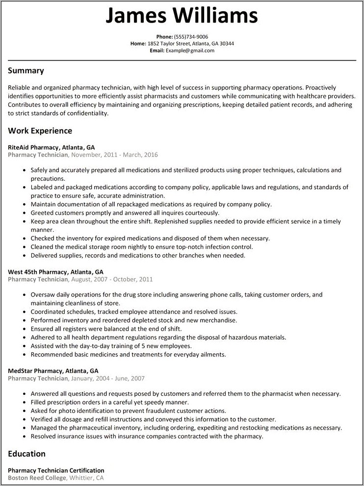 Pharmacy Technician Summary Resume Sample
