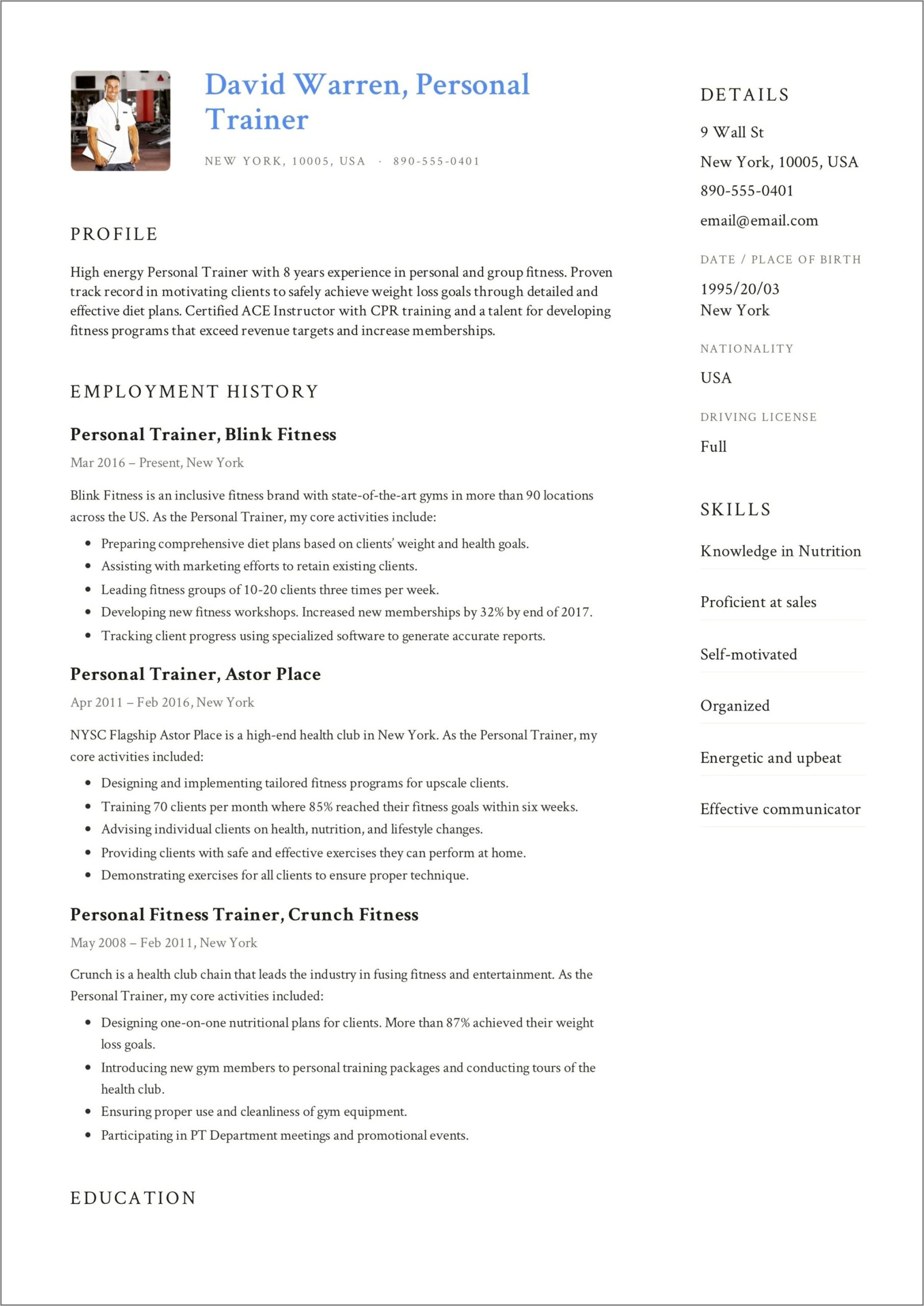 Physical Fitness Trainer Resume Sample