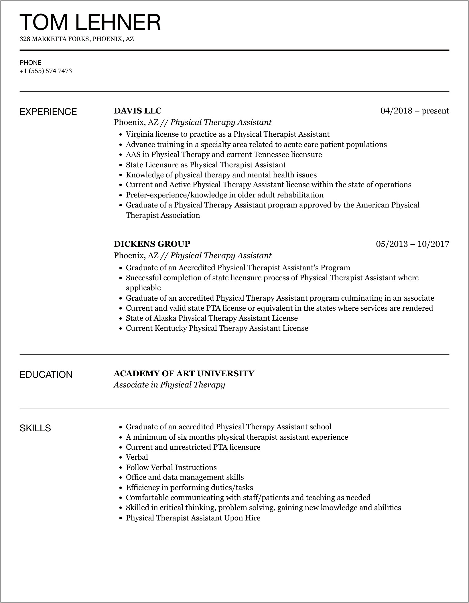 Physical Therapist Assistant Resume Objective