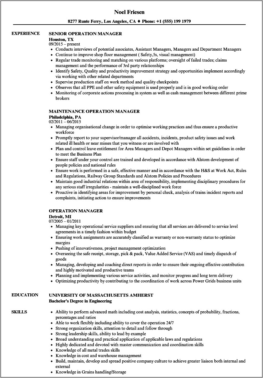 Plant Operations Manager Resume Sample
