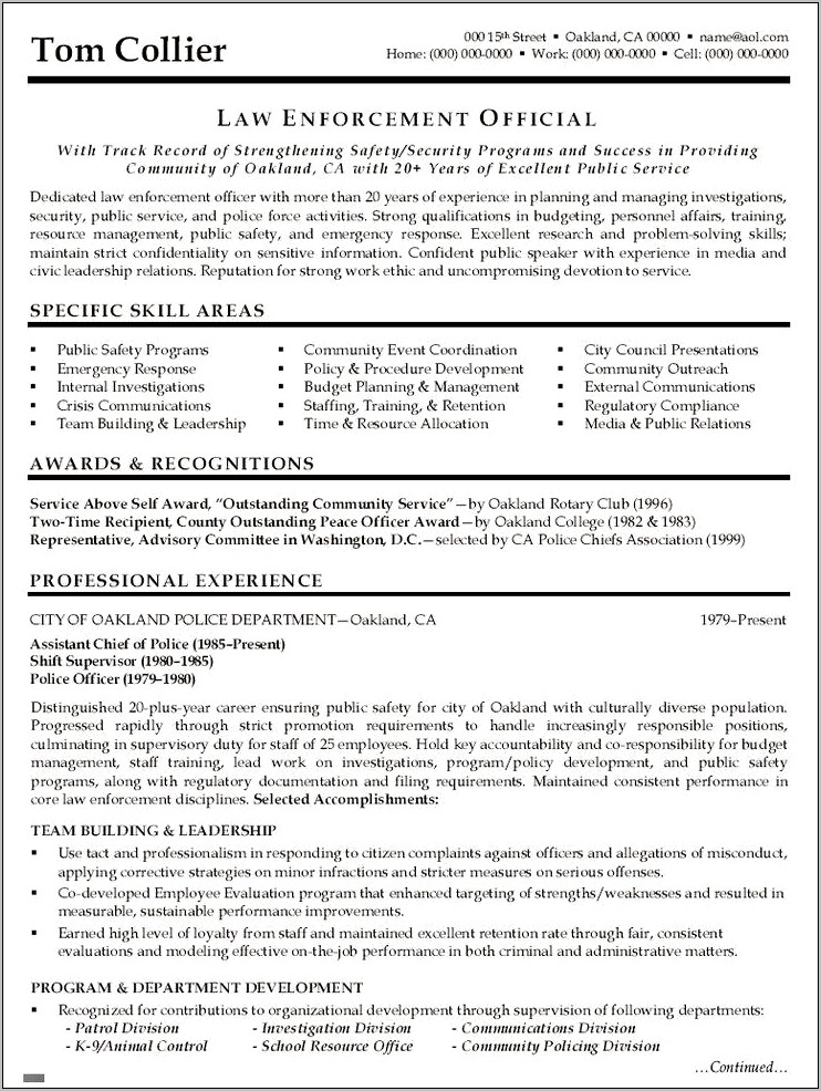 Police Officer Job Resume Example