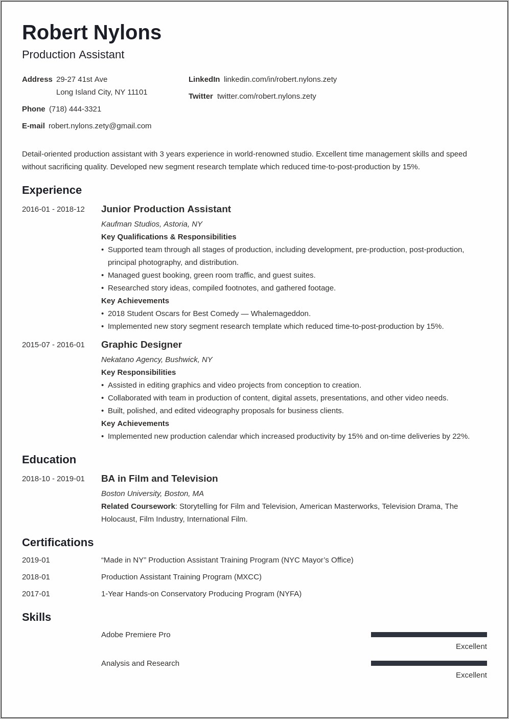 Post Production Assistant Resume Sample