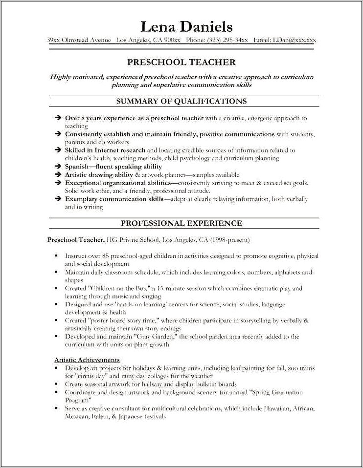 Preschool Aide Job Description Resume