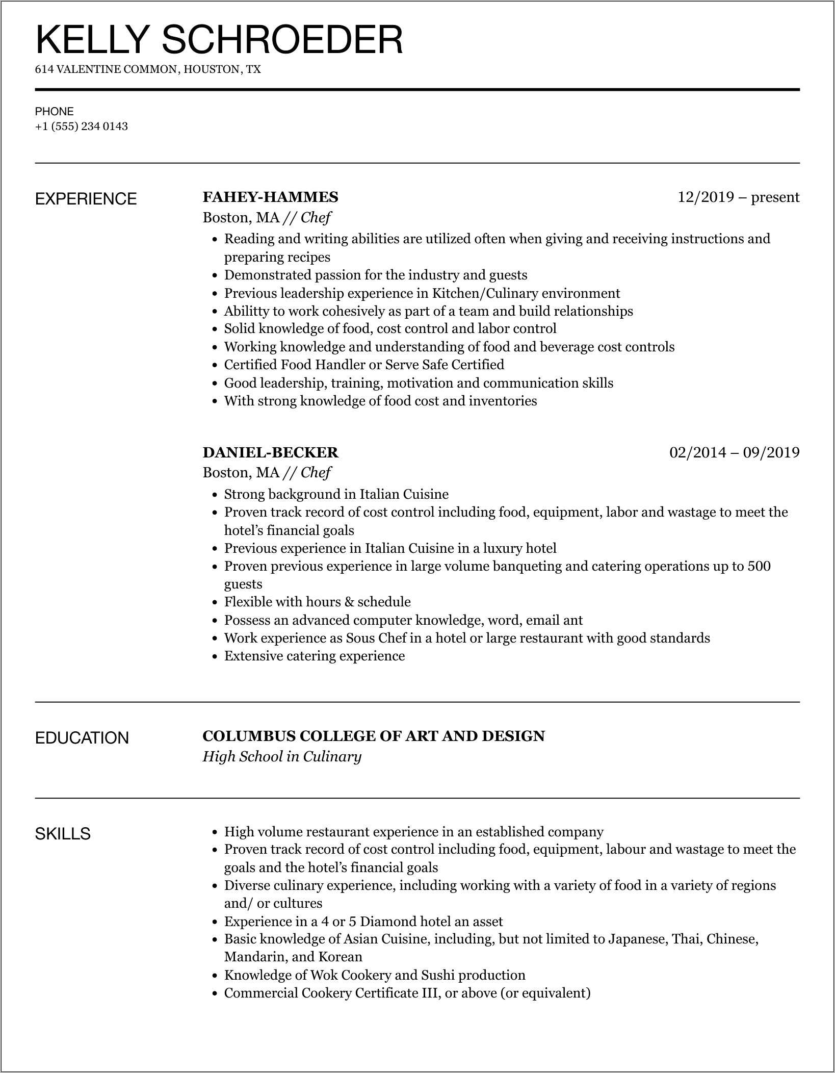 Private Chef Job Description Resume