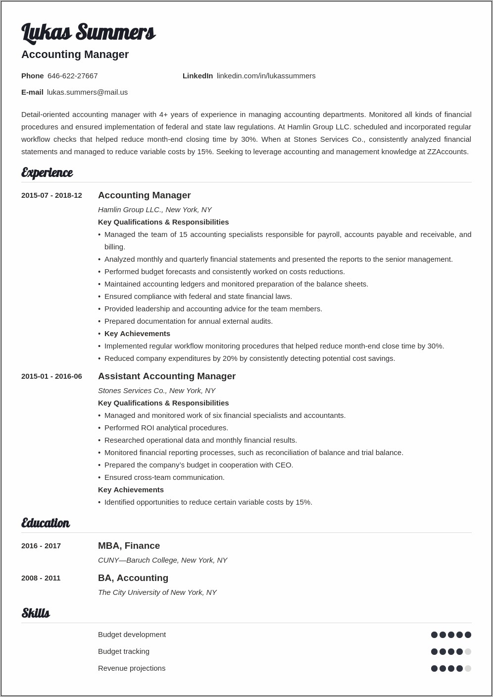 Private Equity Accounting Manager Resume