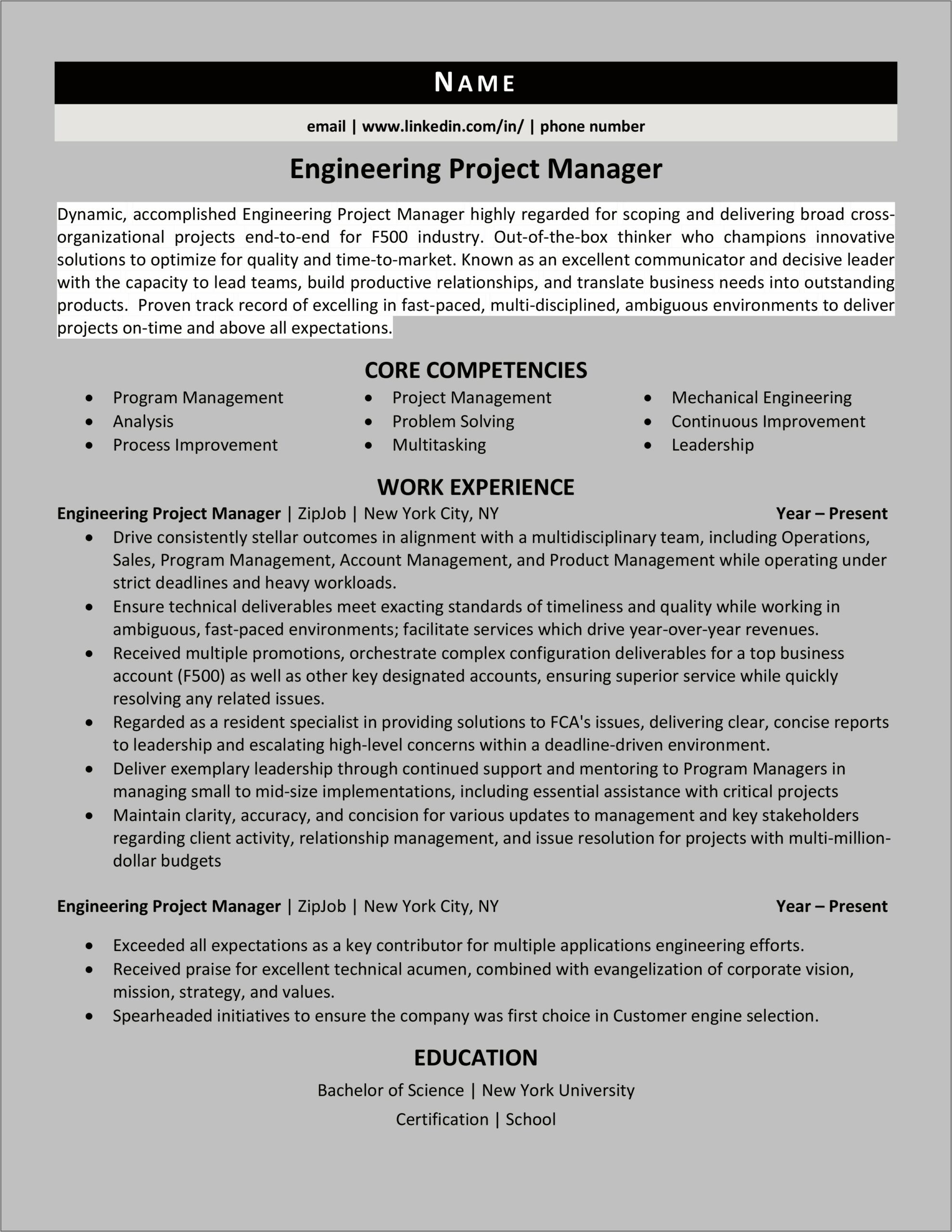 Process Improvement Project Manager Resume