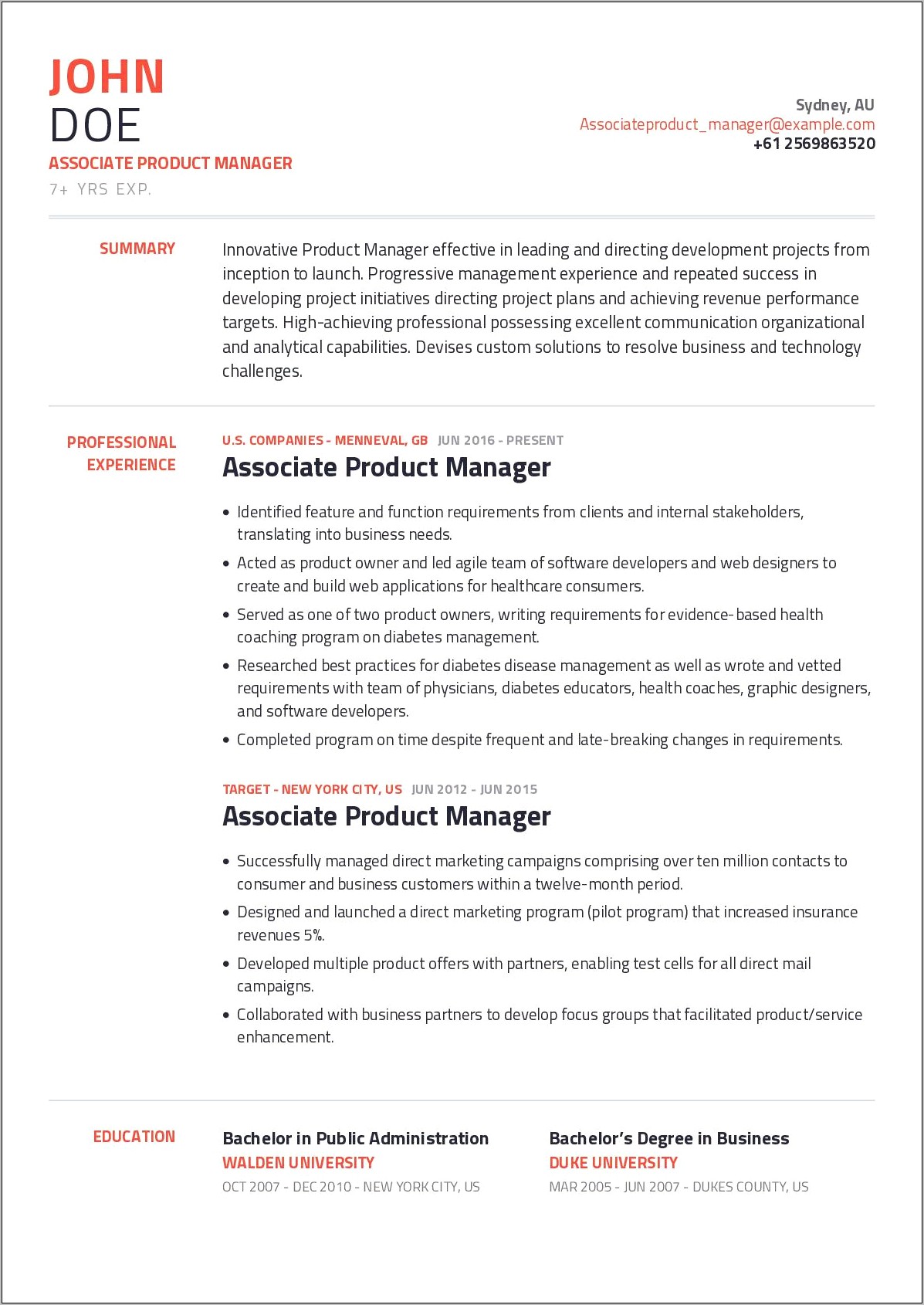 Product Manager Manager Resume Example
