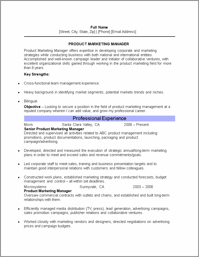 Product Marketing Manager Sample Resume