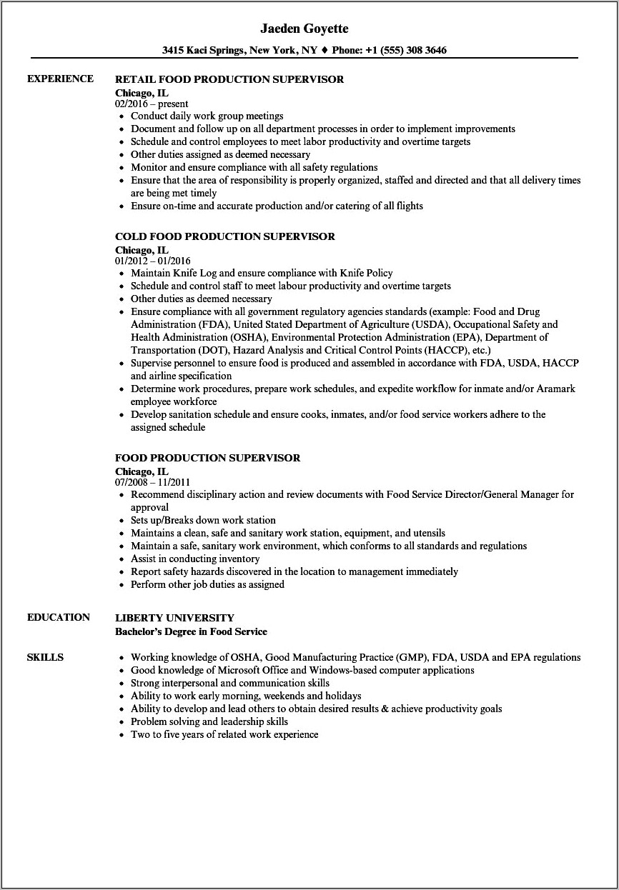 Production Manager Resume Food Industry