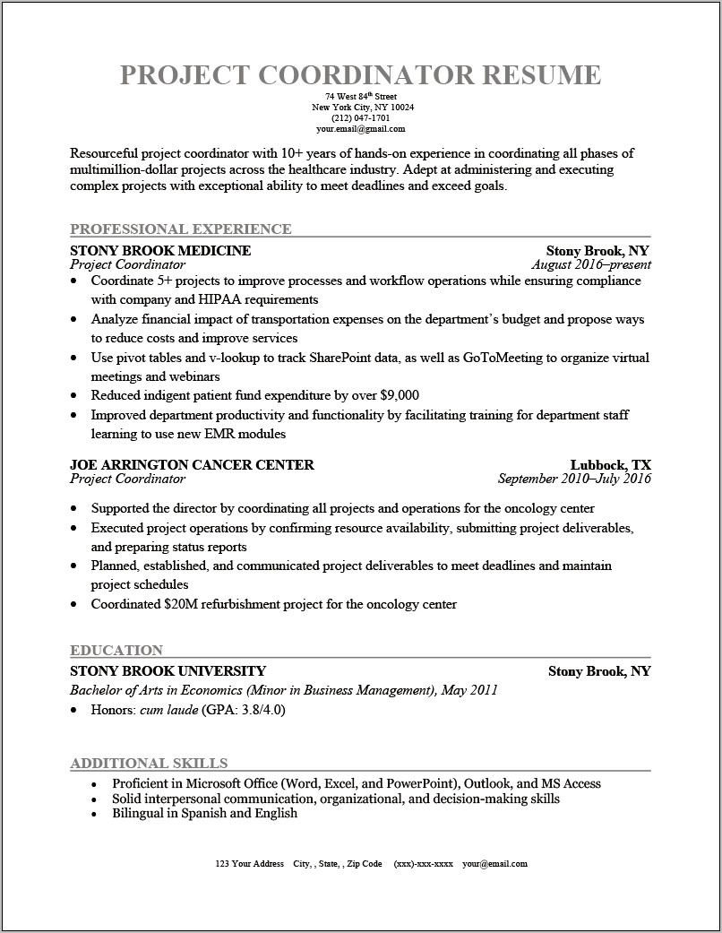 Profile Sample Resume Project Coordinator