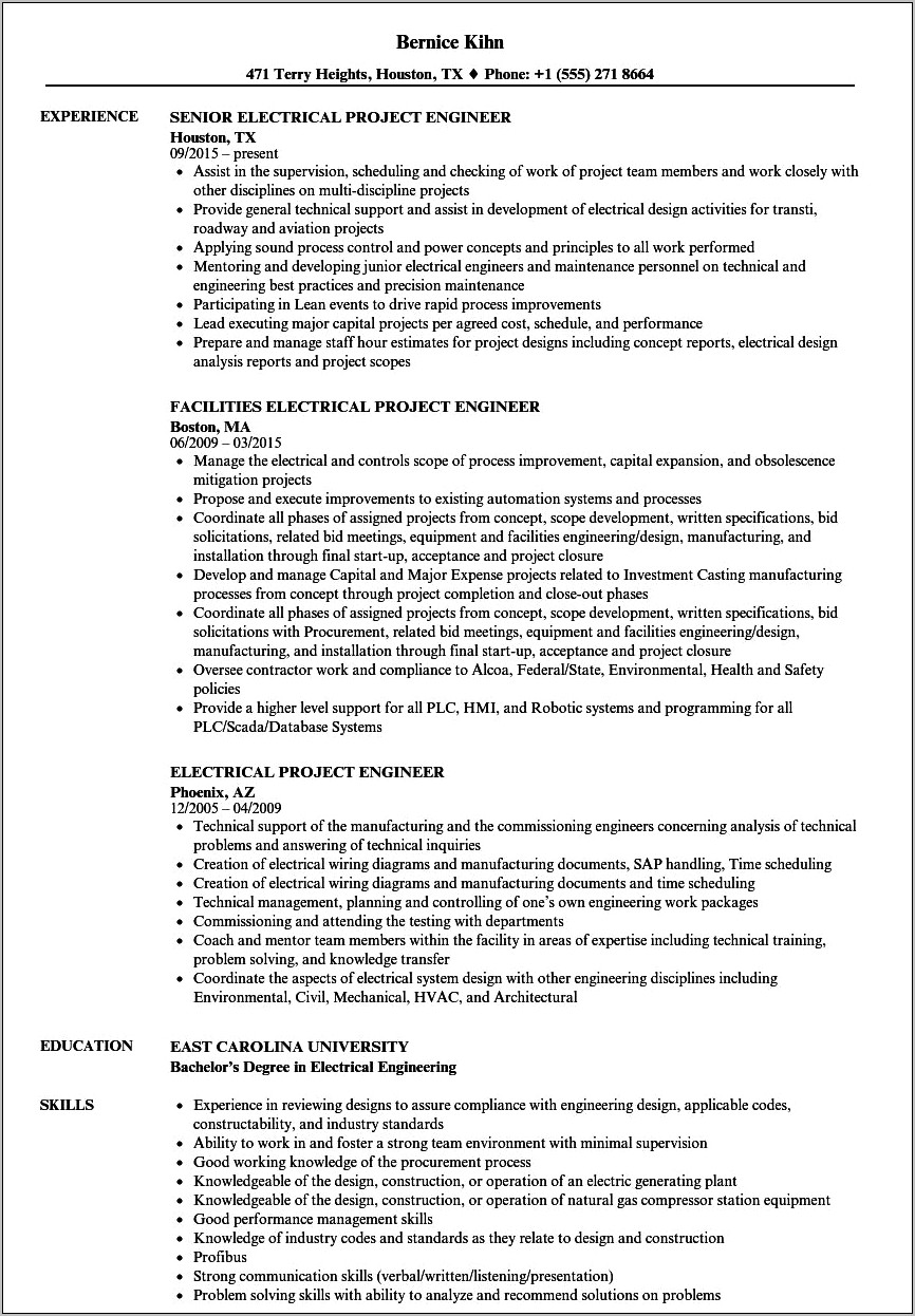 Project Management Electrical Engineer Resume