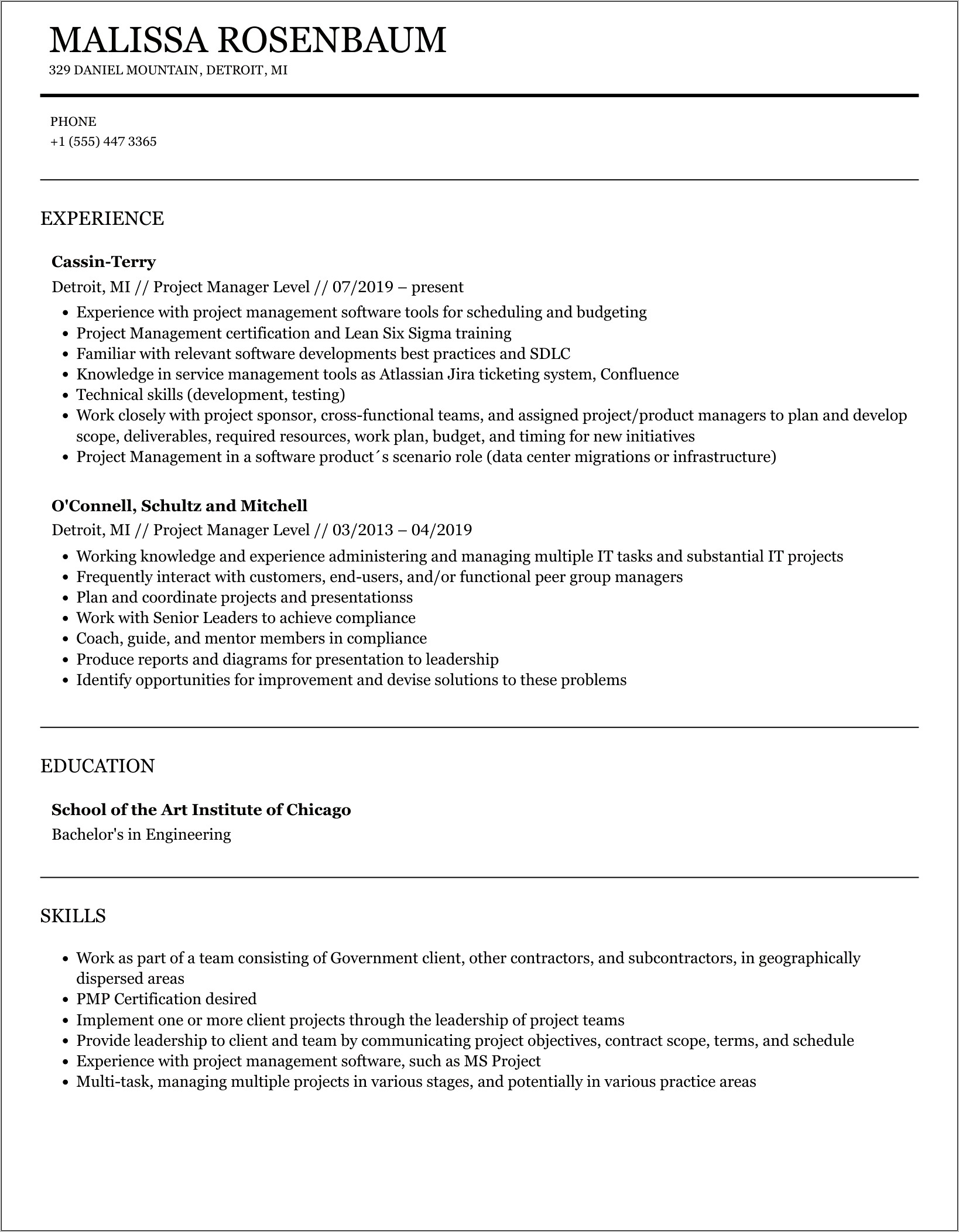 Project Management Sample Resume Objectives