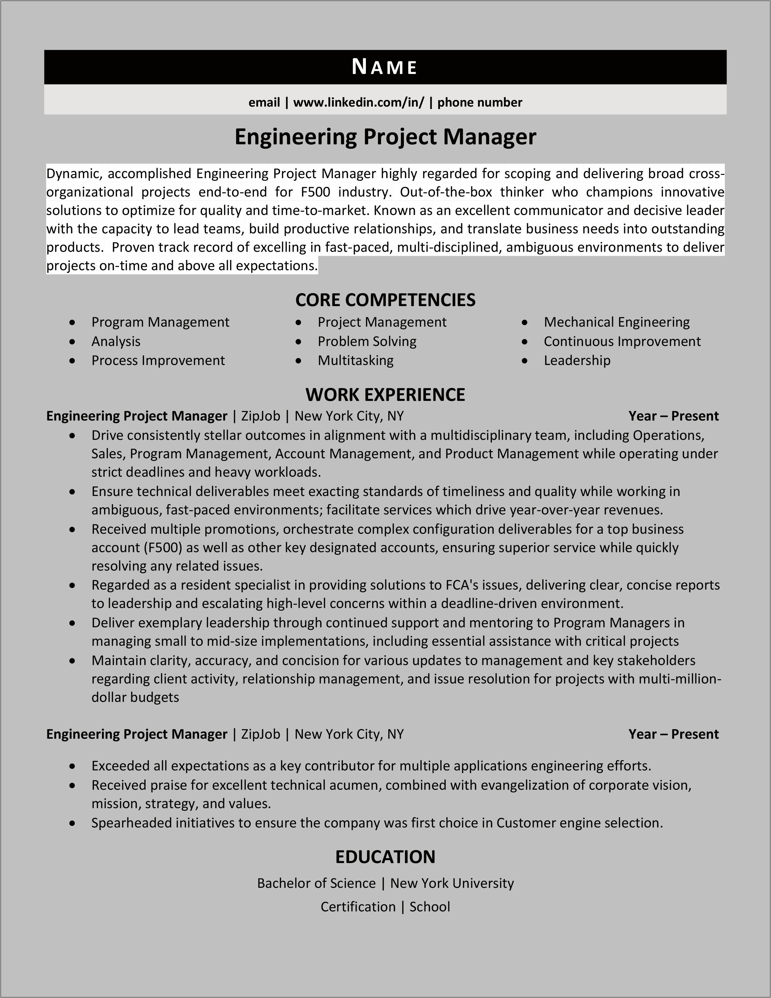 Project Manager Mechanical Engineer Resume
