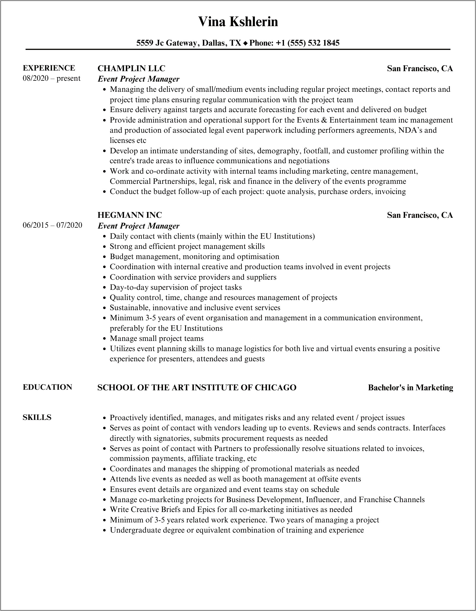 Project Manager Resume Event Planning