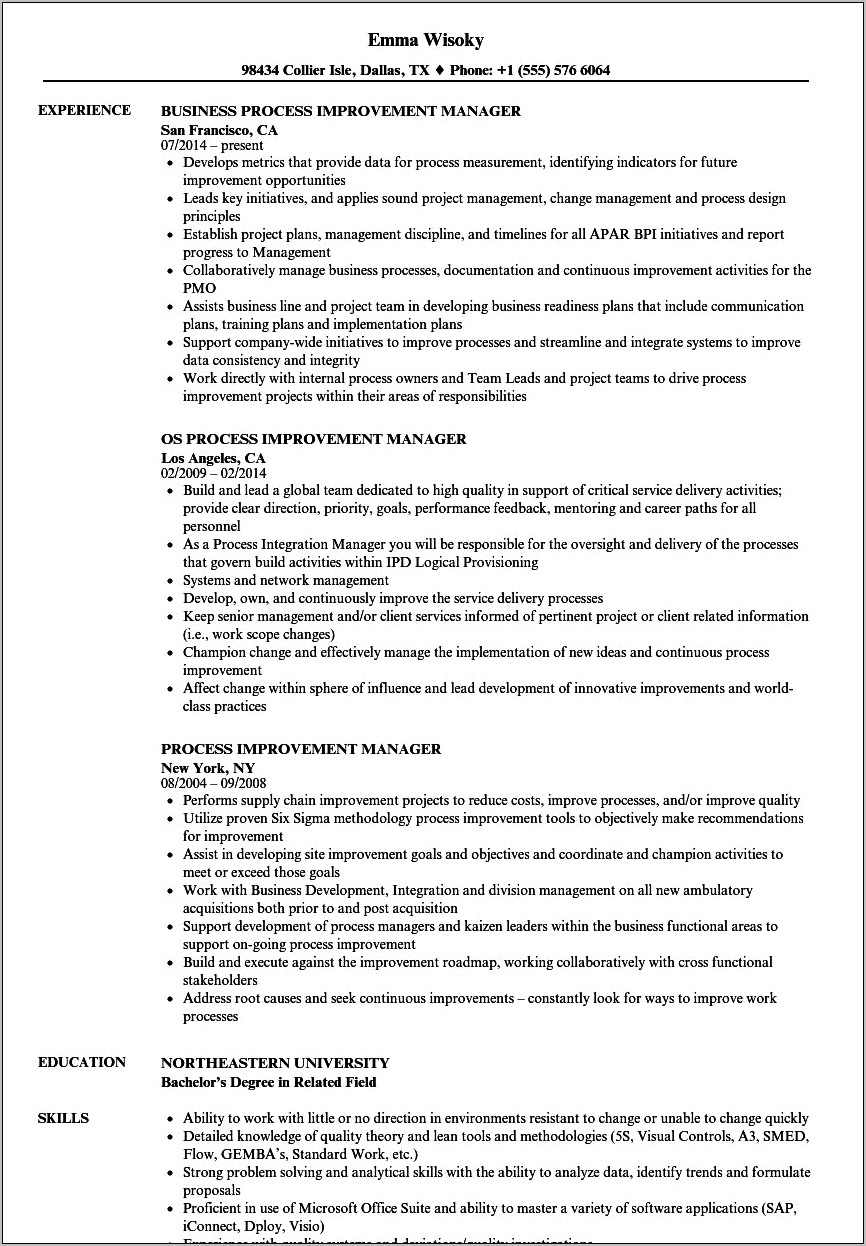 Project Manager Resume Process Improvement