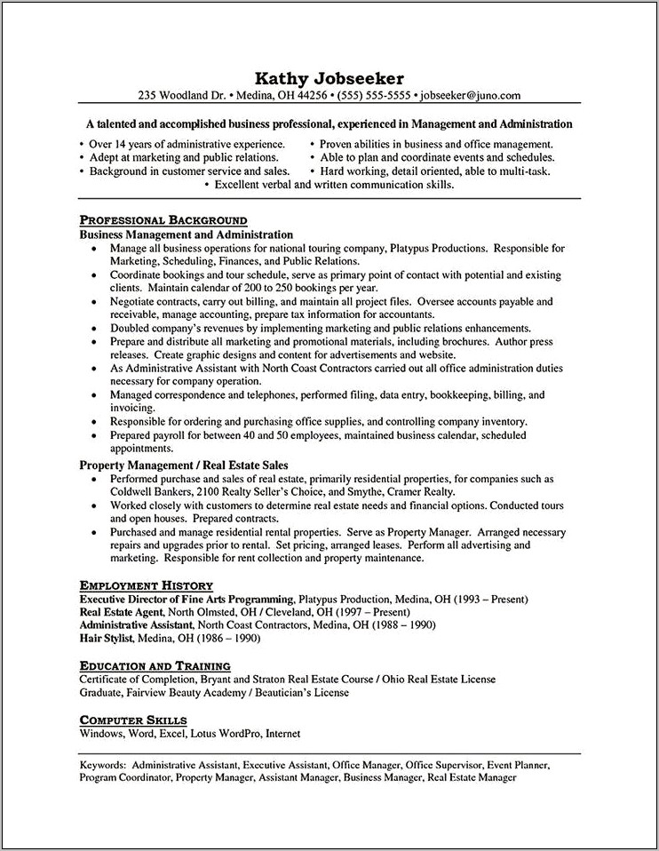 Property Management Administrative Assistant Resume
