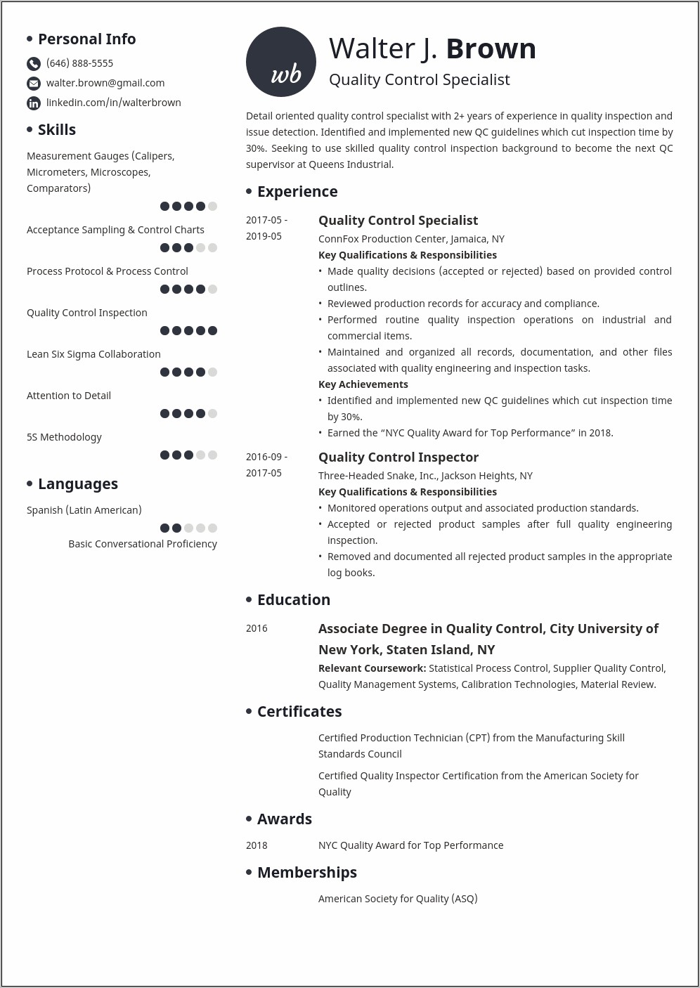 Quality Control Job Description Resume