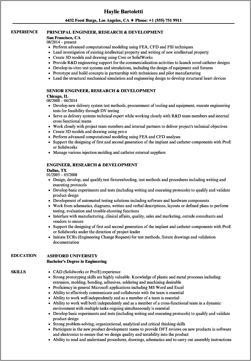 R&d Engineer Resume Objective