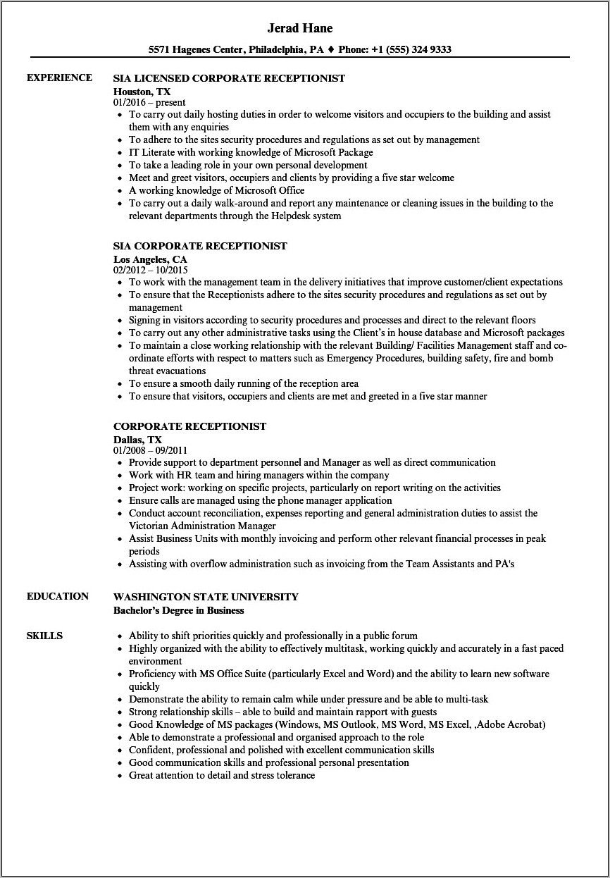 Receptionist Job Description Resume Examples
