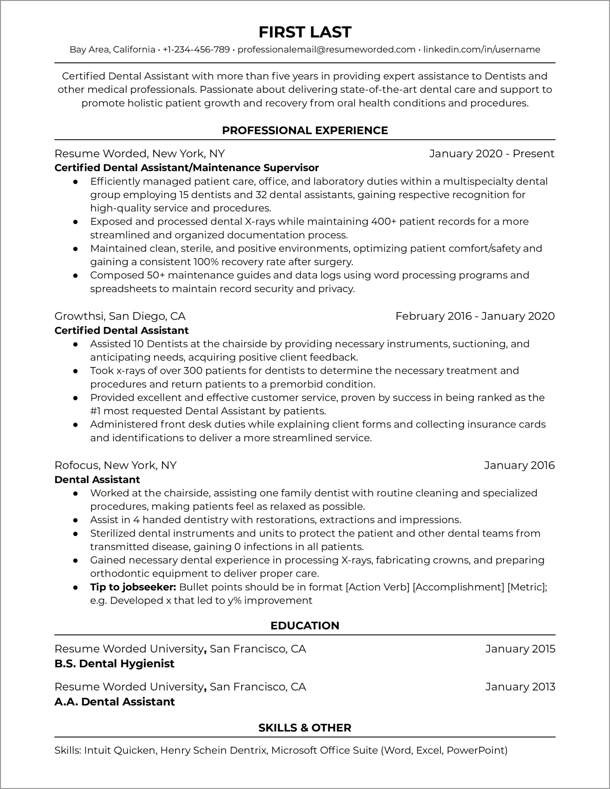 Registered Dental Assistant Resume Objective