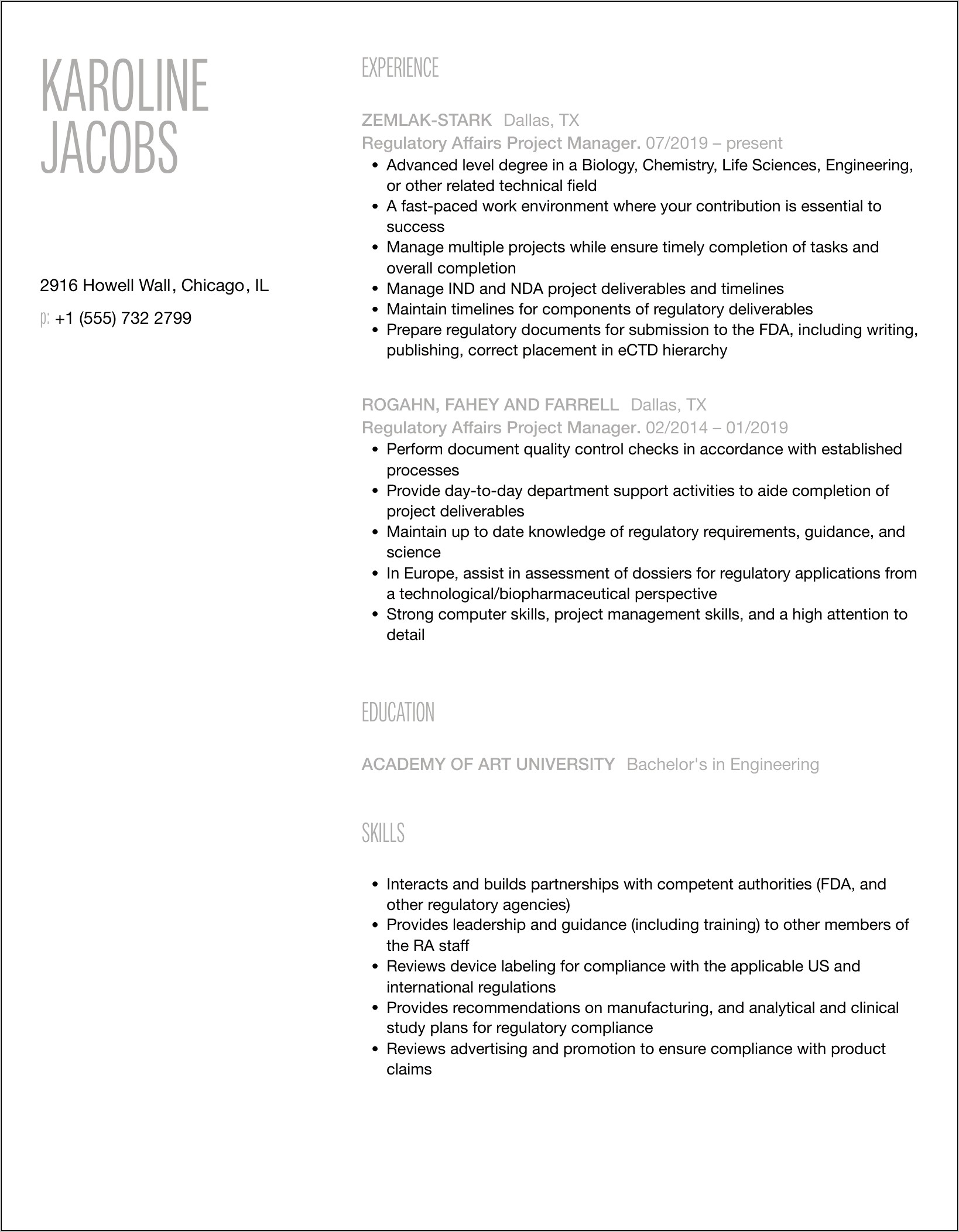 Regulatory Affairs Project Manager Resume