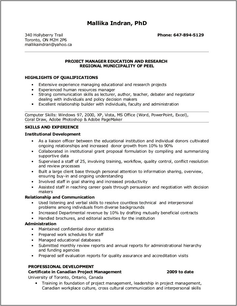 Research Project Manager Job Resume