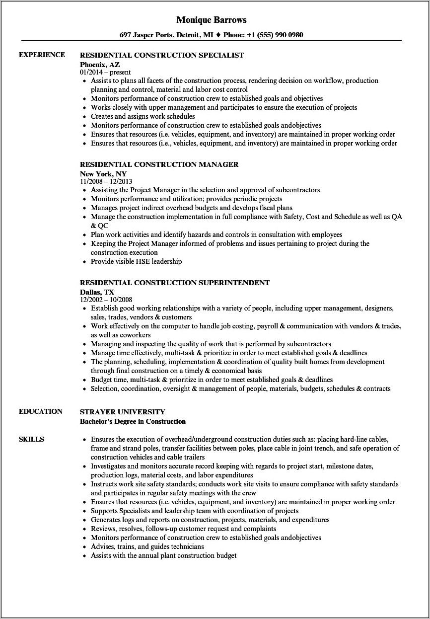Residential General Contractor Resume Samples