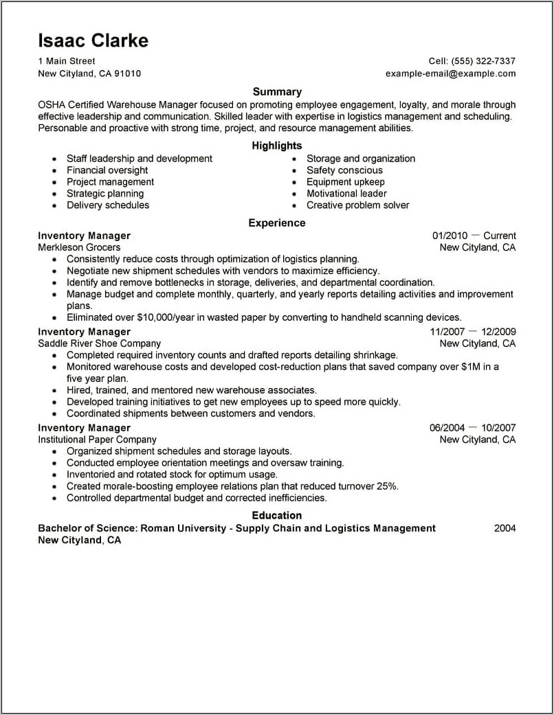 Responsible For Inventory Management Resume
