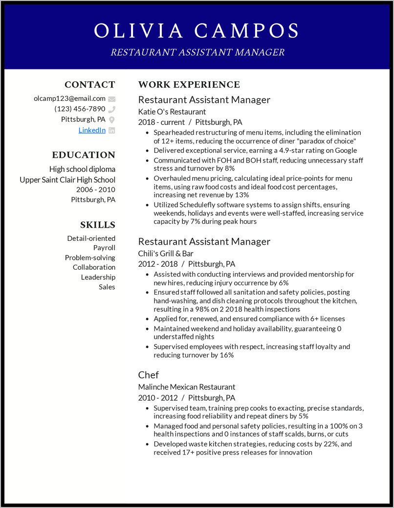 Restaurant Job Description On Resume