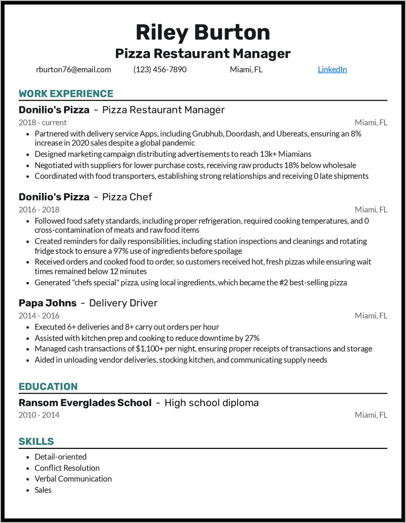Restaurant Manager Assistant Resume Example