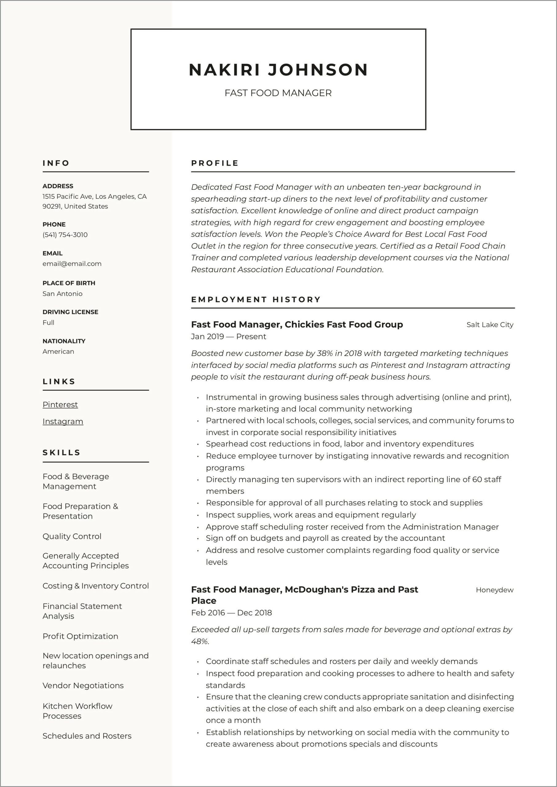 Restaurant Manager Cost Analysis Resume