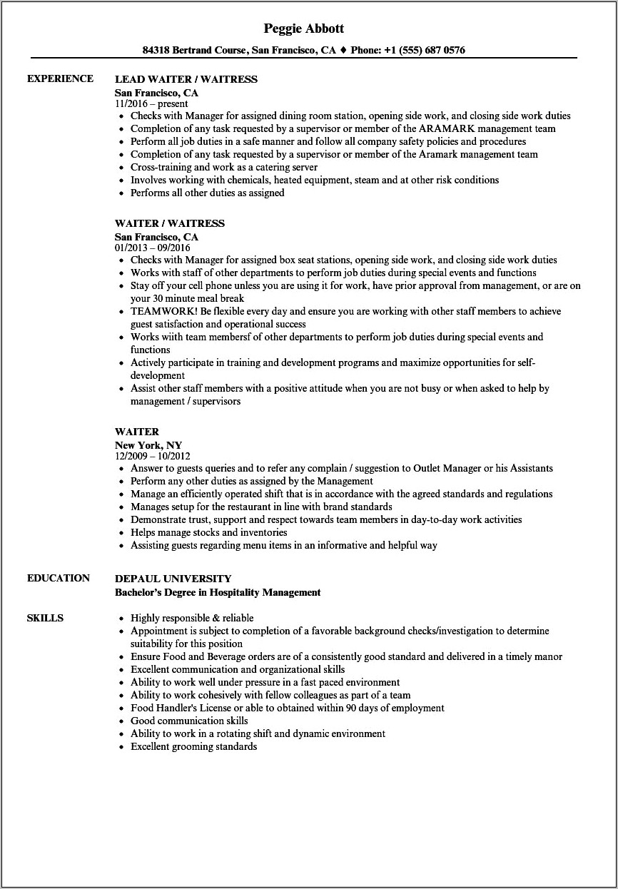 Restaurant Waitress Job Description Resume