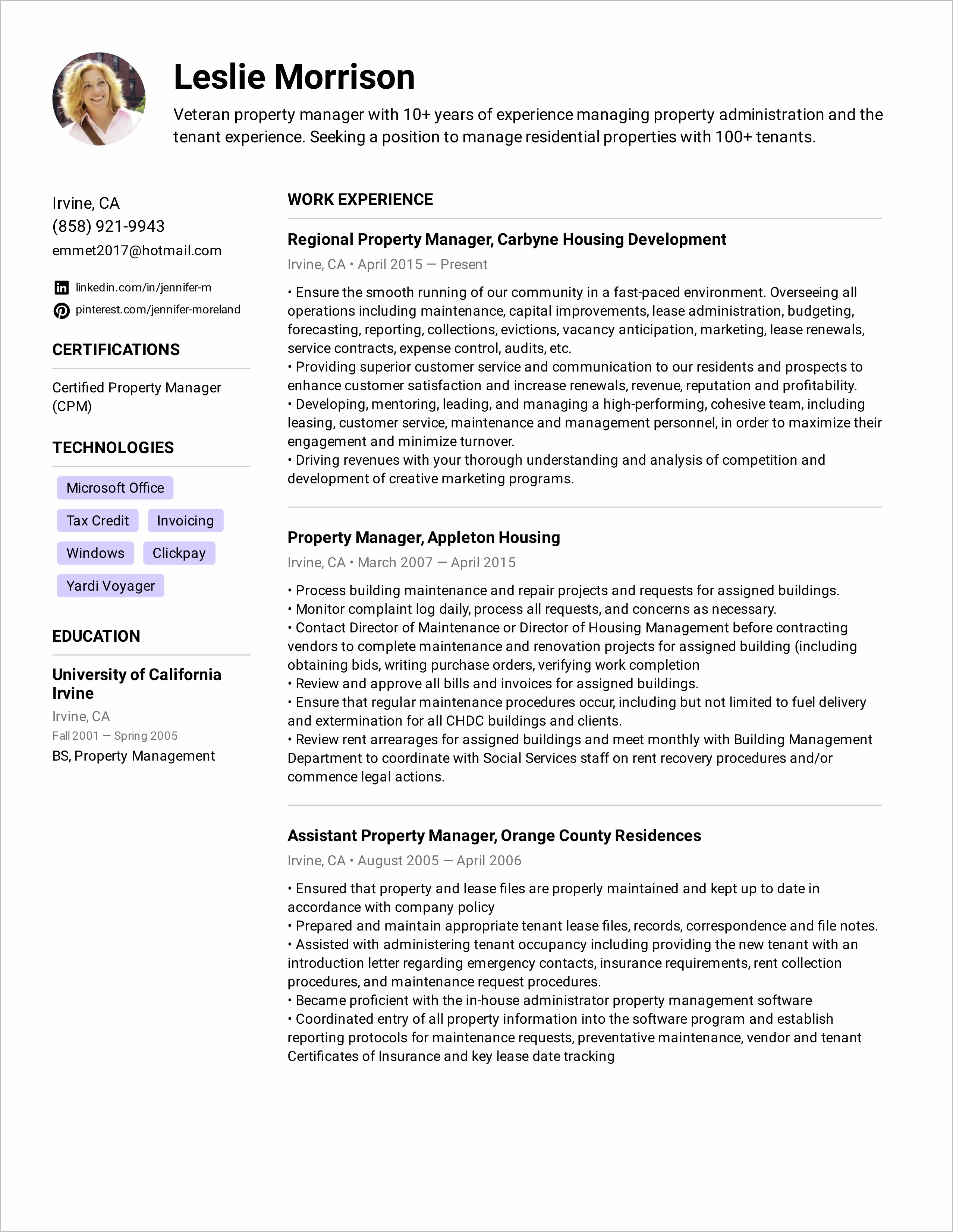 Resume Companies For Property Manager