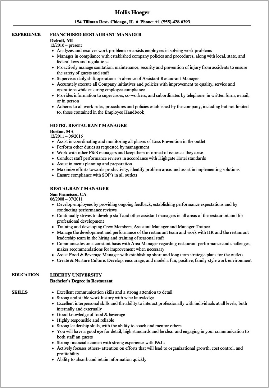 Resume Description For Restaurant Manager