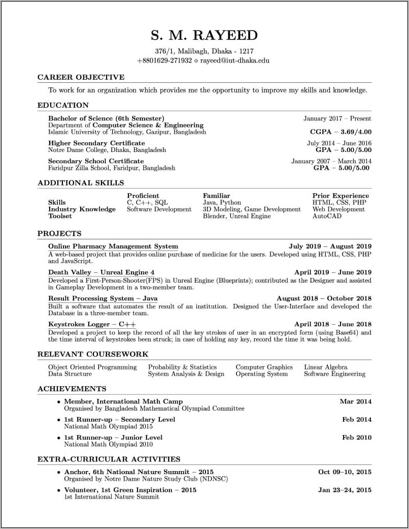 Resume Example Bachelor Of Science