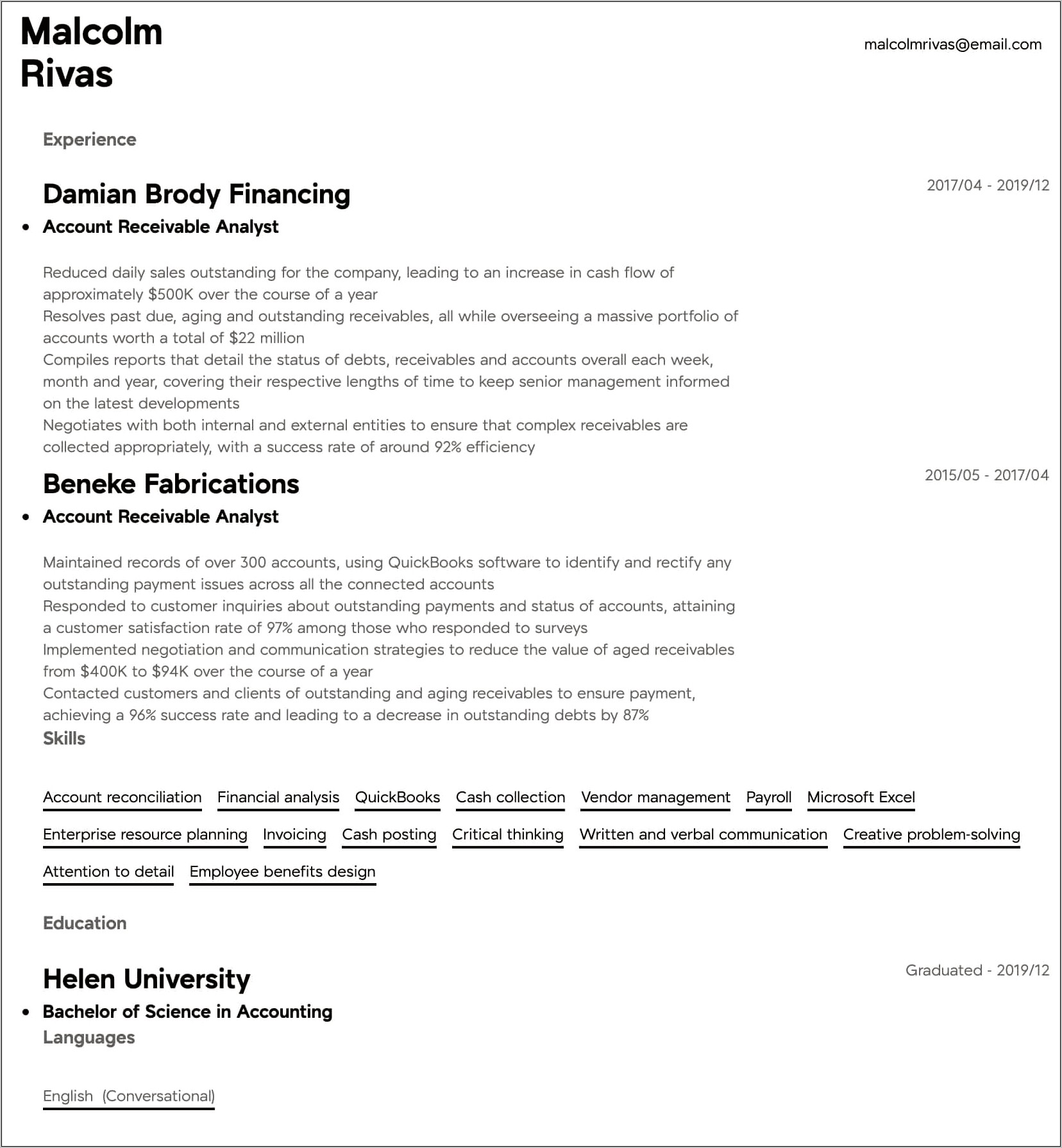 Resume Example For Accounts Receivable