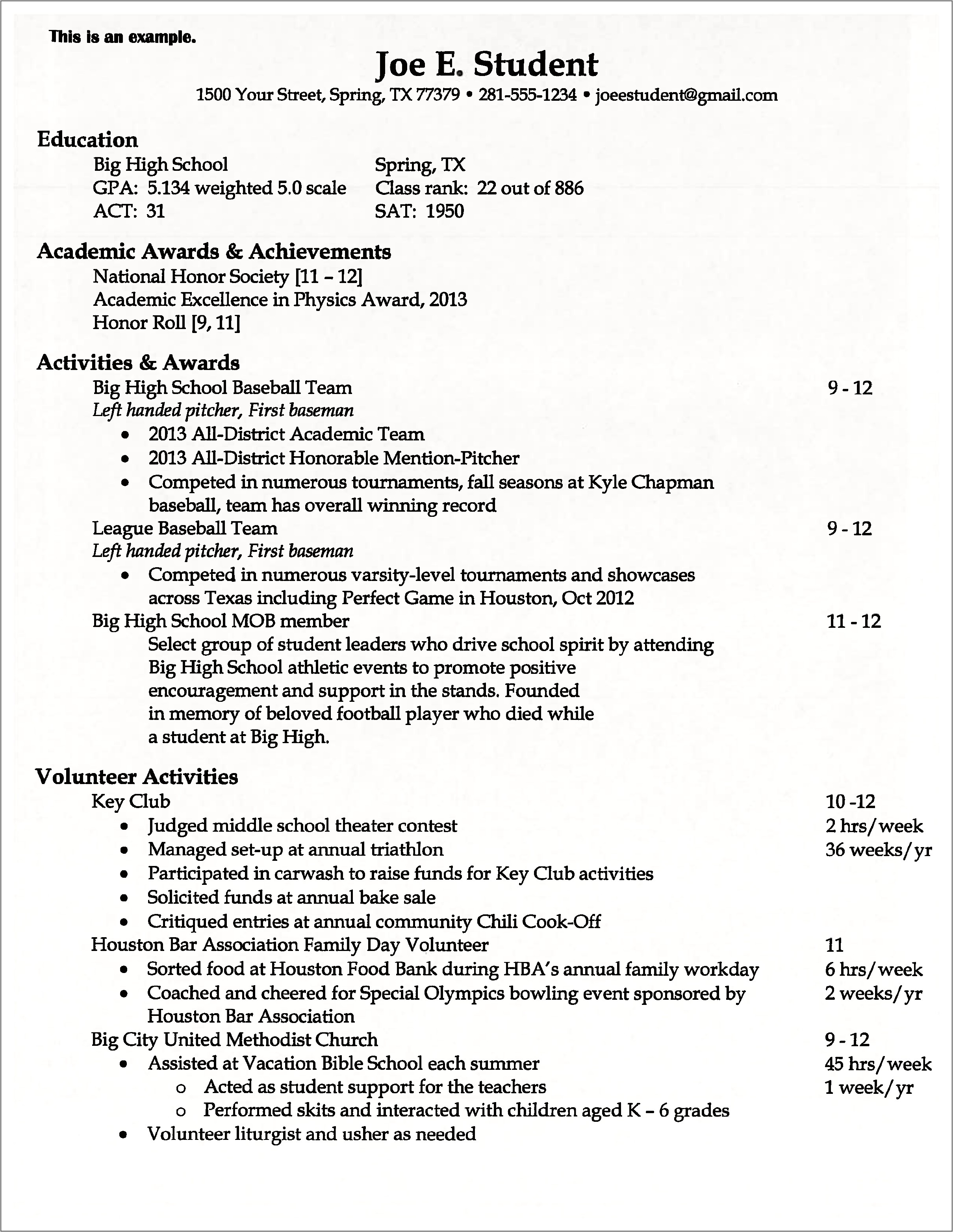 Resume Example For College Admission