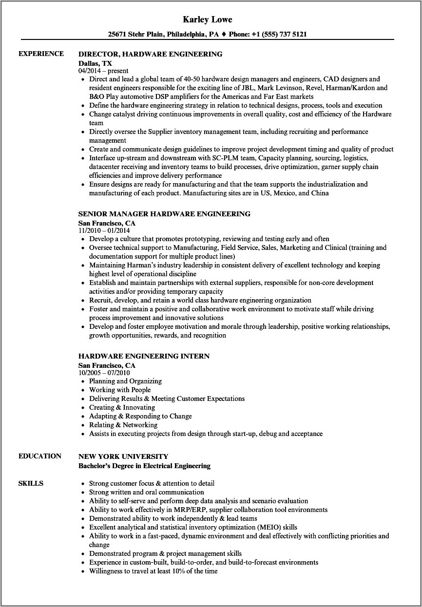 Resume Example For Hardware Engineer