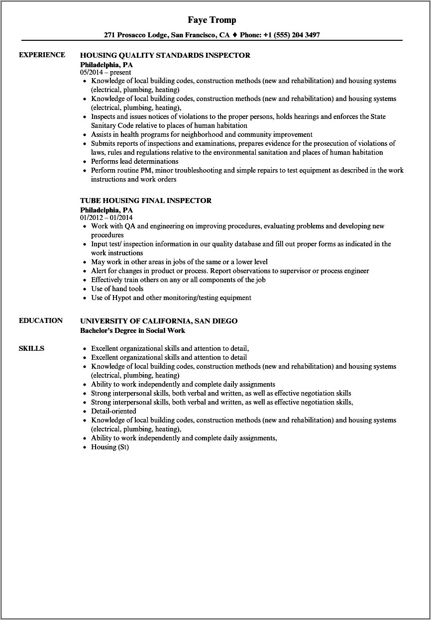 Resume Example For House Inspector