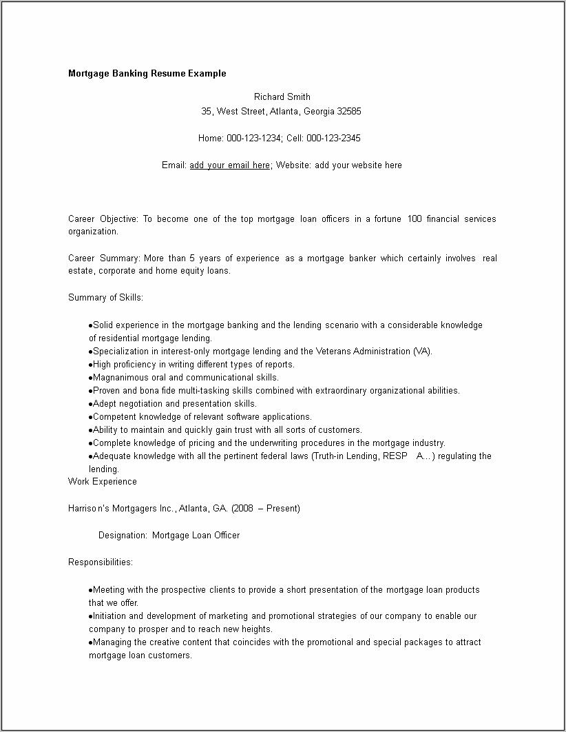 Resume Example For Mortgage Banker