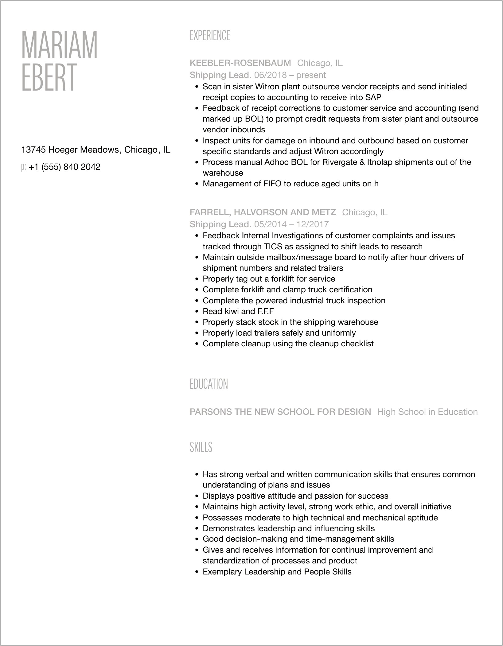 Resume Example For Shipping Lead