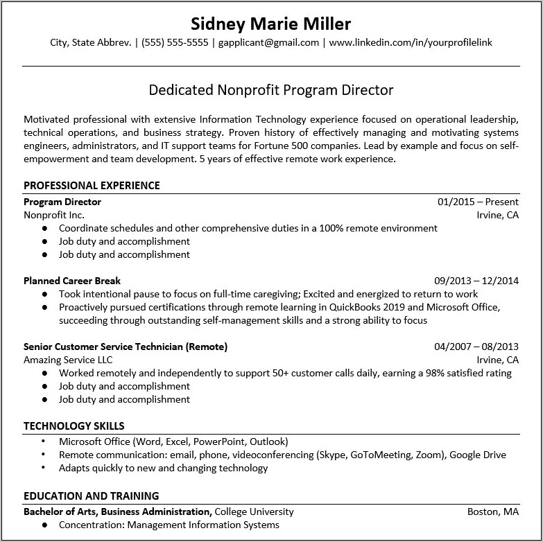 Resume Example Workplace Re Entry