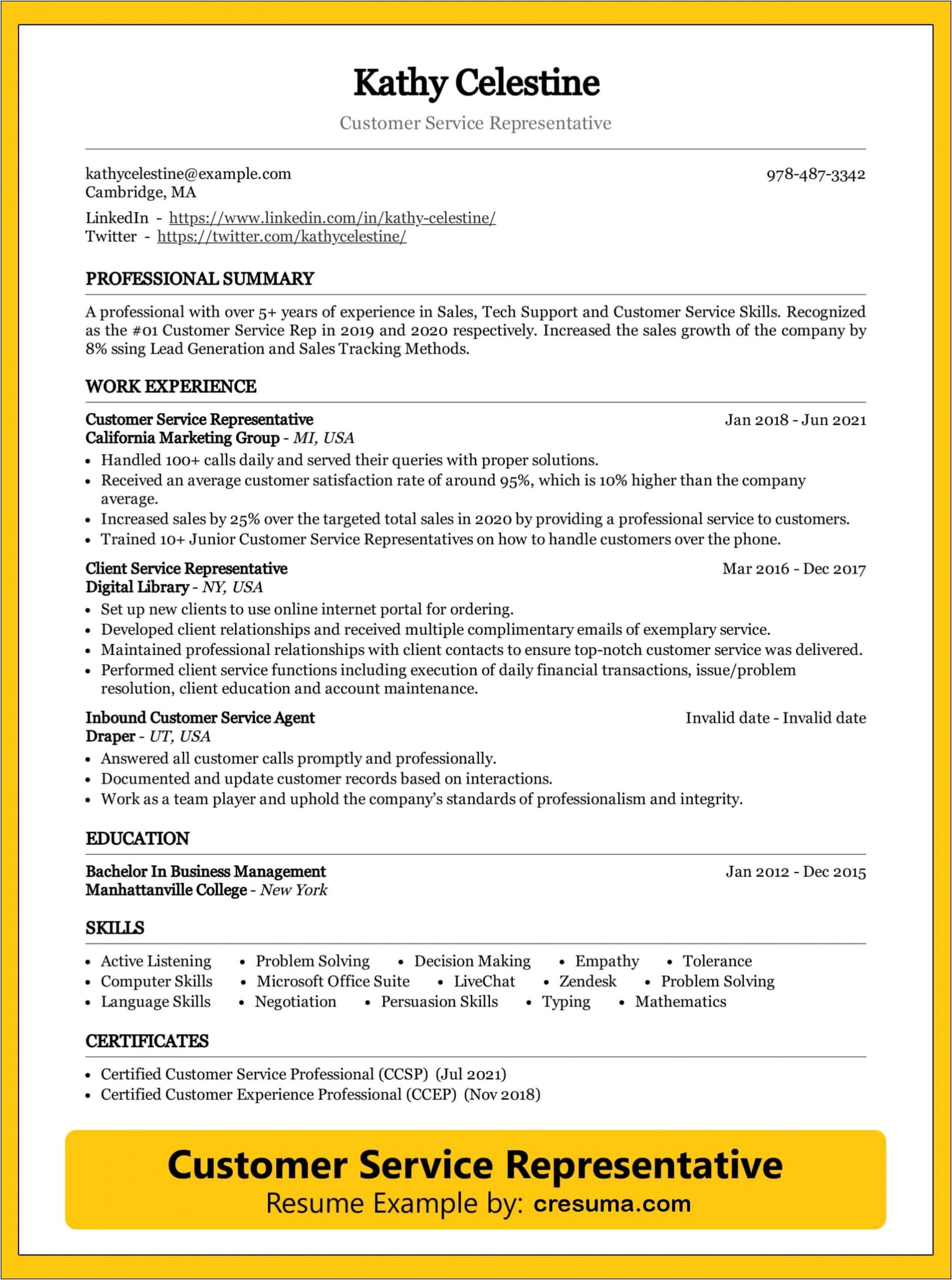 Resume Examples 2019 Customer Service